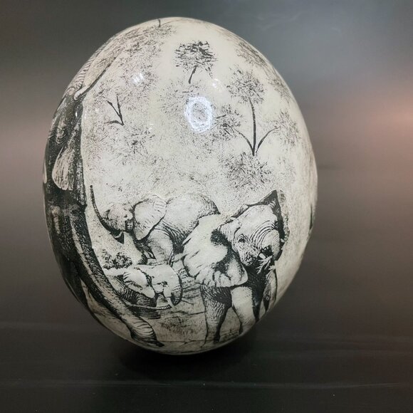 Ostrich Egg with Hand Drawn African Elephants. 5.5" x 5.5" x 7.5" - Picture 3 of 7